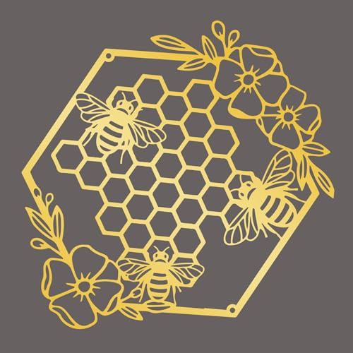 Yuzhuo Metal Bee Wall Art Farmhouse Honey Bees and Hives with Flowers Metal Wall Decor Hanging for Living Room Garden Bedroom Office Home Wall (Gold, Small)