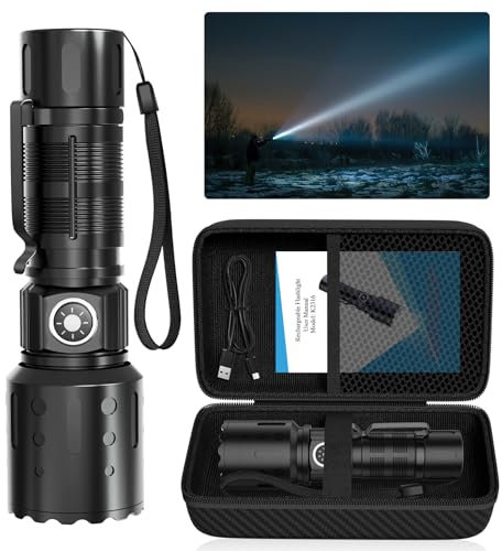 Tommax Rechargeable Flashlights - 20000 Lumens LED Super Bright Small Powerful Flashlight, Dimmable 6 Modes with Memory Function, Pocket IPX5 Waterproof Torch for Camping, Emergency, Hiking (1, Black)