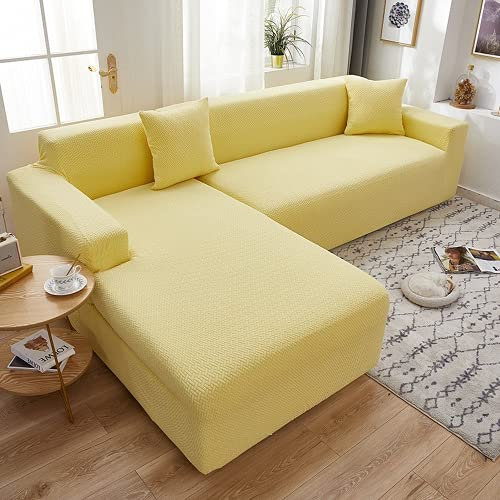 Moderner einfacher Jacquard-Sofabezug, elastische Eckform, verdickt und einfarbig, Chaiselongue-Bezug für Wohnzimmer, Kombi-Sofa, Gelb (2-Sitzer x 2)