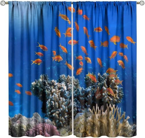 Vorhang Kinderzimmer Tiere Fische Kinder Vorhänge Mit Ösen Polyester Gardinen Thermovorhang Blickdicht Ösenschal Kindergardinen 300X280 cm (B + H) Für Wohnzimmer,2Er Set-936876164