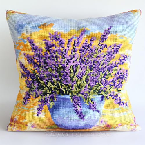 AMBATTERY 11CT Kit Punto Croce da Ricamare, Mazzo viola della lavanda Kit Cuscino Punto Croce Prestampato 45x45cm Cuscino Mano Ricamo Completo Kit Cuscino Punto Croce Kit Principianti