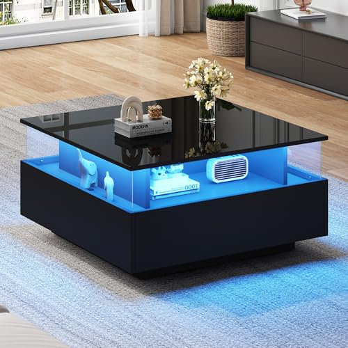 YESGIGA Modernes Hochglanz-LED-Couchtisch Kaffeetisch mit 2 Schubladen und transparentem Präsentationsbereich, Belastbar bis 30 kg (Schwarz)