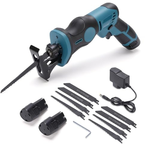 WODHMIEY 12V Cordless Mini Reciprocating Saw, 2000mAh Lithium-Ion Battery, 2400RPM, 90° Cutting Angle, Wood and Metal Blades, Compact & Ergonomic Design, Ideal for DIY Projects (2x Battery)