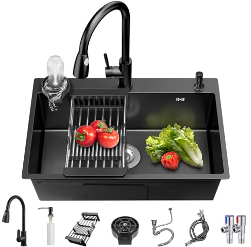 MWIDCIEW Lavandino da cucina nero con 1 vasca in acciaio inox ispessito, rubinetto estraibile, risciacquo per bicchieri, set di scarico, filtro rimovibile (75 x 45 cm)