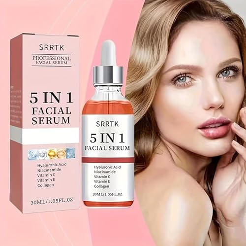 Siero collagene – 5 in 1 per il viso con acido ialuronico, collagene, niacinamide, vitamina C ed E – Formula idratante che riduce i pori, adatto a tutti i tipi di pelle, non irritante, senza alcol