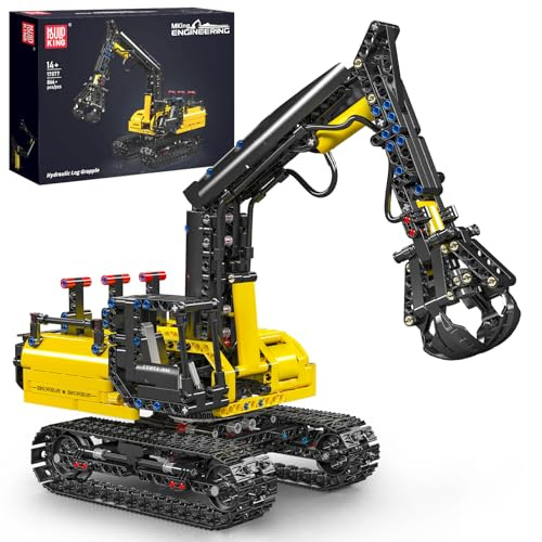Mould King 17077 Technik Raupenbagger, Hydraulischer Holzgreifer Spielzeugbagger für Erwachsener, Umschlagbagger Modellbausatz, Mechanisches Lernspielzeug(Statische Version)