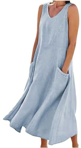 Generico Damklänningar Sommar Linne Elegant Avslappnad Långa Linneklänningar Bekväma Boho Lösa Sommarklänningar Plus Size Vår Strand Boho Semester Stretch Vintage Strandklänning, Ljusblå, XL