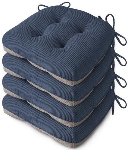 FlyGulls Indoor Kitchen Chair Cushions Set of 4 18X16.5X3 Soft Anti Slip Dining Chair Pads Tufted Kitchen Seat Cushion with Ties, Blue
