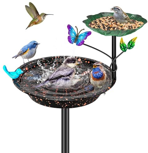 KHayRovies Vogeltränke stehend für Außen, Metall Vogelbad Vogelfutterspender Ständer mit 5 Zinken Basis Pfahl, Wasserschale Vogel Bad Vogelfutterstelle Futterstelle für Wildvögel Garten (schwarz)