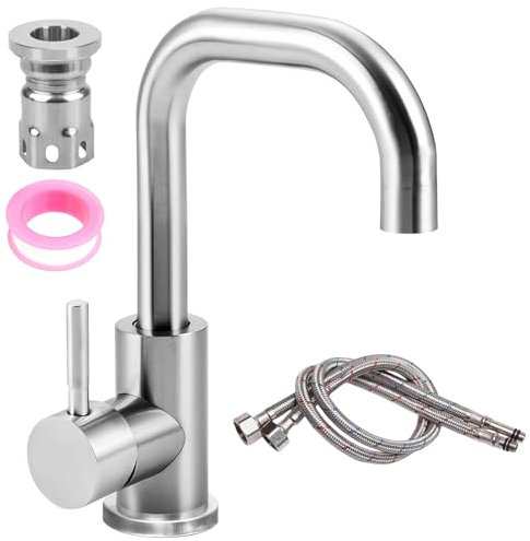 Rubinetto da bagno in acciaio inox, girevole a 360°, rubinetto alto con tubo, miscelatore per acqua calda/fredda, lavabo per bagno, WC e cucina