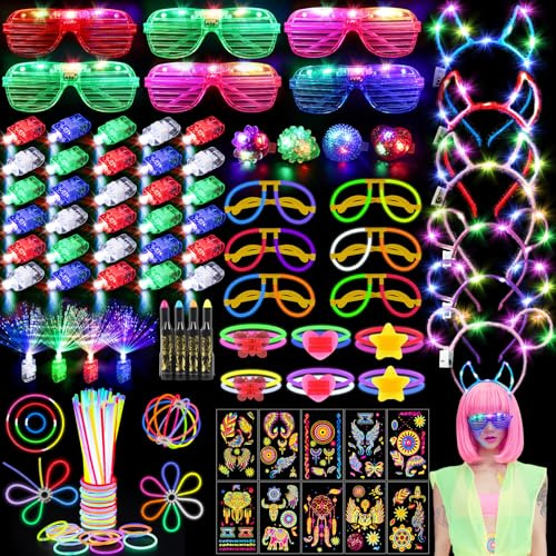 130PCS Glow in the Dark Party Supplies for Kids Adults, Light Up Party Favors with LED Glasses, Headbands, Finger Lights, Glow Sticks, Temporary Tattoos, Neon Face Body Paint for Halloween, Birthdays