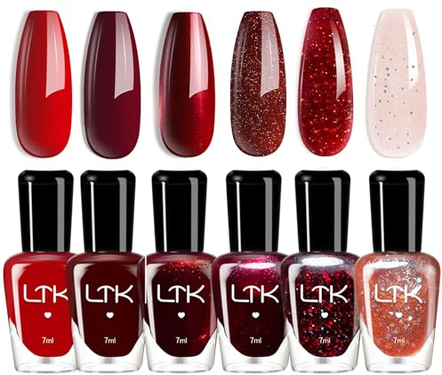 Red Nail Polish Set - 6Pcs Red Nail Varnish - Air Quick Dry Nail Polish - Dark Burgundy Wine Red Nail Polishes Kit - Popular Sparkle Nail Art Polish Pack For Women Holiday Party Gift