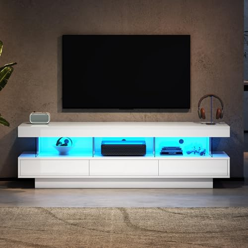 LINKHOO Meuble TV Bois, avec 3 Compartiments en Verre, éclairage LED, Commande Via Application, Connexion Bluetooth, pour téléviseur 70 Pouces, Charge maximale de 40kg, 160x38x50.5cm, Blanc
