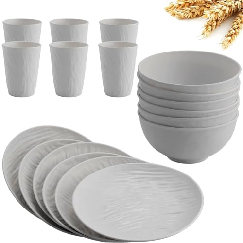 HOMGEN 18PCS Camping Plastic Plates and Bowls Set - Unbreakable Tableware Set - Reusable Plates Bowls Cups - Microwave & Dishwasher Safe Dinner Sets - Picnic Dinnerware Service for 6