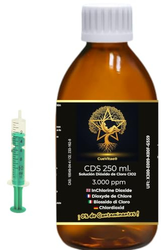CueVitae® CDS 0,3% 250 ml | Solución acuosa de dióxido de Cloro | Vidrio | Biocida técnico TP5 para tratamiento de agua. Recipiente oscuro con protección UV y uso general.