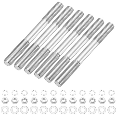 sourcing map M5x60mm Double Ended Stud Screws Rod Bar Bolts Studs, 6Set | 304 Stainless Steel,Dual Threaded with Nut Washer,for House Maintenance,Structural Anchoring,Fastening Screw