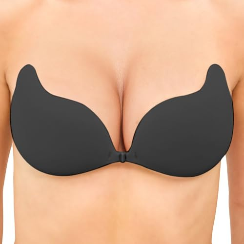 Hioffer Women's Strapless Stick on Bra — Sticky Push Up Invisible Bras for Large Breasts Reusable & Breathable Adhesive Bra for Backless Dresses, Wedding, Party Black