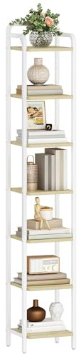 Hzuaneri Schmales Regal 7 Ebenen, 30 x 33 x 195,5 cm, Weißeiche-Weiß | Bücherregal, Standregal, Eckregal, für Büro Wohnzimmer Schlafzimmer Küche, BC24816W