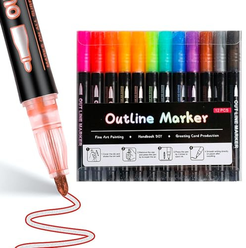 12 Colours Outline Marker Pens, Double Line Glitter Markers for Crafts