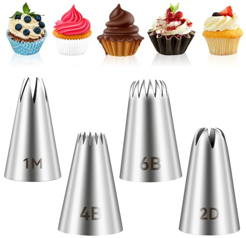 4Pcs Stainless Steel 1M 2D 4B 6B Star Tips for Piping, Flower Piping Tips Set, Seamless Icing Tip Open Star Frosting Tips for Cookies, Cupcakes Cake Decorating Frosting Pastry Nozzles