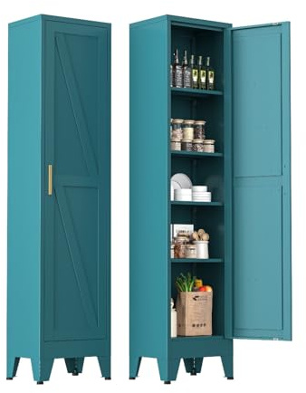 Mehrzweckschrank 40 cm breit, küchenschrank mit 1 Tür, Verstellbarer 5-Stufiger Metallschrank, Vorratsschrank, Allzweckschrank, Schrank Schmal für Küche, Esszimmer, Wohnzimmer und Badezimmer-Blau-B