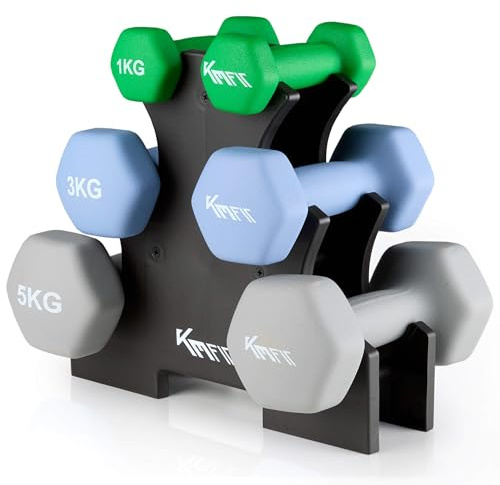 KM-Fit Set manubri 18 kg con supporto | Manubri in neoprene 1–5 kg | Impugnatura ergonomica in ghisa antiscivolo | Antirotolamento | Fitness & allenamento forza a casa