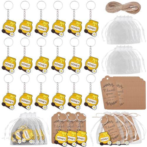 BEAMARKER 20 Sets 61Pcs Bee Party Decorations Cute Honeypot Keychain Thank You Card Tag Organza Gift Bags with Jute Cord for Bee Day Theme Gender Reveal Birthday Party Favors