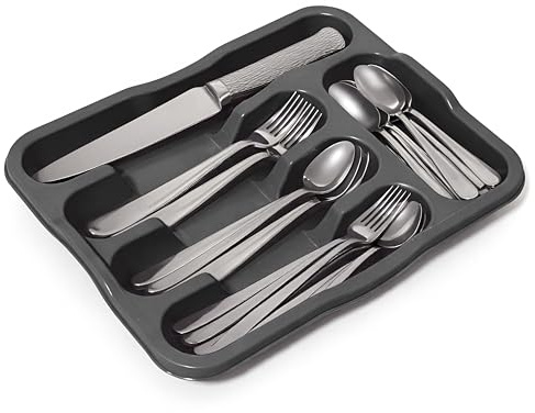 DIVCHI 5 Compartment Cutlery Tray Compact Storage Divider for Kitchen Drawers Plastic Cutlery Organiser Insert with Anti-Slip Base, Utensil Holder for Knives Forks Spoons, Durable Easy Clean Dark Grey