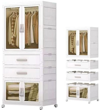 Armario portátil con ruedas, armario plegable de plástico, organizador de dormitorio con barra para colgar y puerta magnética