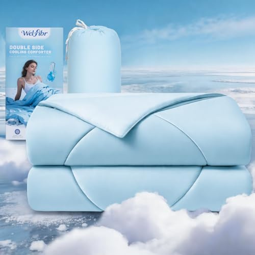 Welfibr Kühldecke 200x220CM Doppelseitige Kühlende Bettdecke Sommer, Weich Cooling Comforter Blanket mit Spandex, Sommerdecke für Heiße Schläfer, Q-Max > 0,45 Kühlend Decke für Menschen Blau