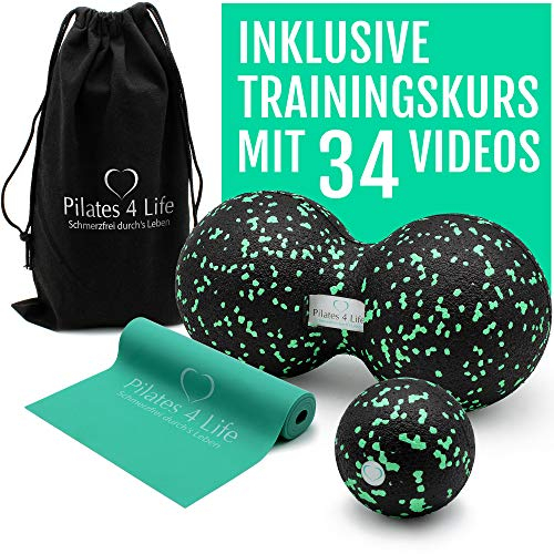 Pilates 4 Life® - Premium Faszien Set - inkl. 95 Min-Videokurs für Einsteiger - hochwertiger Faszienball, Duoball+Fitnessband aus 100% Naturkautschuk
