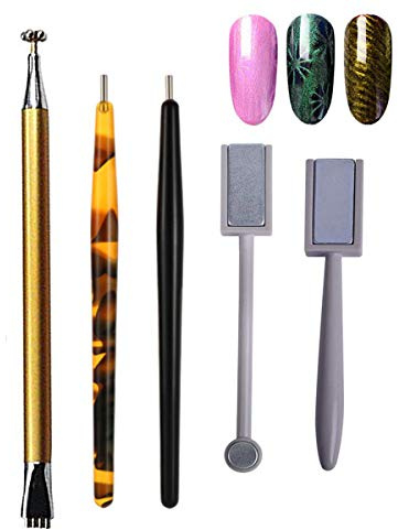 MWOOT 5Pcs Nail Magnet Tool Set, Double Head Flower Design Nail Magnet Pen And Strong Magnet Stick Dotting pens For DIY 3D Magnetic Cat Eye UV Gel Polish Nail Art