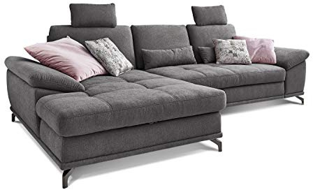 Cavadore L-Form-Sofa Castiel mit Federkern / Großes Schlafsofa in L-Form mit Bettkasten, Sitztiefenverstellung, Kopfstützen und XL-Longchair / 312 x 114 x 173 / Webstoff, Grau