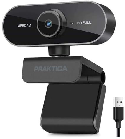 Praktica 1080P Full HD Webcam with Microphone - Auto Focus, Tripod Mount, Privacy Cover, Plug & Play USB Camera Compatible with PC Desktop Laptop Windows Mac Linux Zoom Skype Teams VoIP