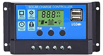 Villageboom Solar Laderegler 12V/24V Solar Ladegerät Controller Solarpanel Batterie Intelligente Regler mit 5V Dual USB Port LCD (10 A)