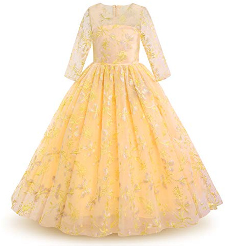 IWEMEK Fleur Filles 3/4 Manches Brodé Floral Tulle Maxi Longue Princesse Robe de Mariage Honneur Première Communion Robe de Soirée Anniversaire Fête Robe de Bal Habillée Enfants Jaune 3-4 Ans