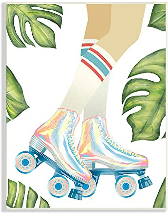 Stupell Industries Vintage Disco Roller Skates Striped Socks Monstera Plants