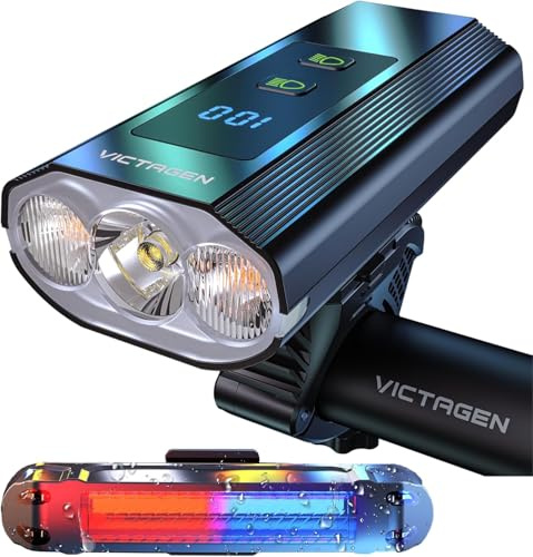 Victagen Super Bright Bike Lights 8000Lm for Night Riding, Super Bright 3 LED Lights for Bike/Bicycle Headlight with High Beam & Low Beam TypeC Rechargeable, Free Taillights