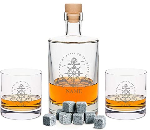 Leonardo gravierte Whiskygläser & Karaffe im Set - Heart of the Ocean Design - 2x Whisky Gläser personalisiert mit Name - inkl. 500 ml Dekanter & 8x Kühlsteine - Geschenk für Papa zum Vatertag