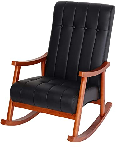 Mendler Schaukelstuhl HWC-K10, Schaukelsessel Schwingstuhl Relaxsessel FSC® - Kunstleder schwarz, Gestell Walnuss-Optik