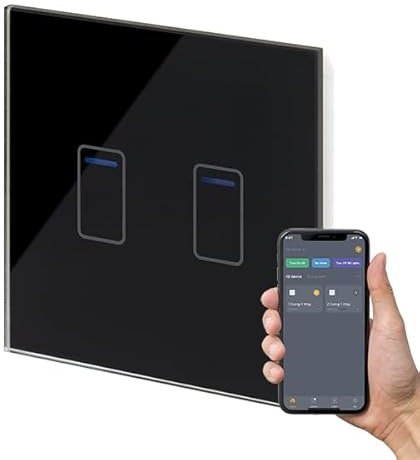 Retrotouch Crystal+ Touch WiFi Switch | 2 Gang Smart Light Switches | Multi Control | Remote Control | App Compatible With Alexa & Smart Life | Black Glass Finish | LED Indicator
