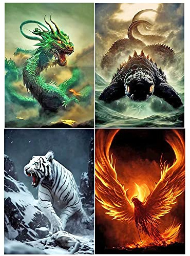Diamond Painting Set 4 Pack 40x50 cm Chinas Vier Große Bestien: Black Tortois/Schildkröte, Vermilion Bird/Phönix , White Tiger , Azure Dragon/Drachen Bastelset Erwachsene Diamant Painting Bilder