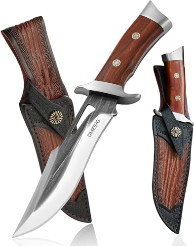Omesio Outdoor Knife Large Survival Knife è realizzato in acciaio inossidabile AST, coltello da caccia da 28,5 cm con lama fissa e manico in legno e fodero in pelle, con confezione regalo.