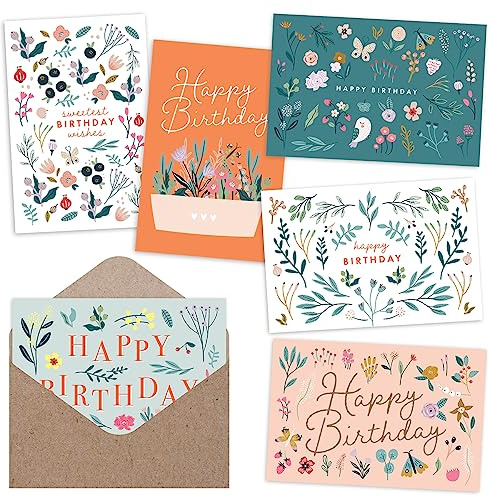 Deluxe Floral Birthday Cards Set - Bulk Assortment with Kraft Envelopes & Round Stickers, Perfect for Women, Baby Showers, Thank You Notes, and Gift Messages - Vibrant Flower Designs on Quality Paper.