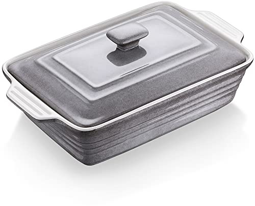 LOVECASA 4.5 Quart Ceramic Casserole Dish with Lid, 9x13 Baking Dish for Oven, Lasagna Pan Deep with Handles, Stoneware Bakeware, Oven & Dishwasher Safe, Grey