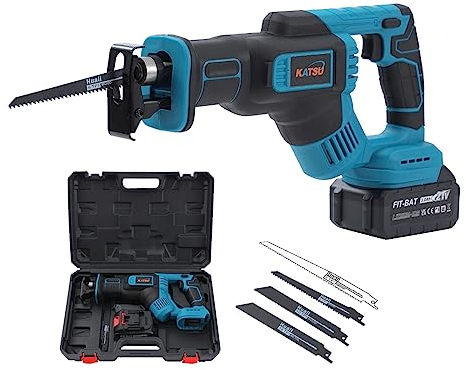 Sega a Gattuccio, Seghe Alternative a Batteria KATSU FIT-BAT 21V con 3,0 Ah Batteria, 4 Lame, Lunghezza Corsa 28mm, Velocità Variabile, per Tagliare Legno e Metallo