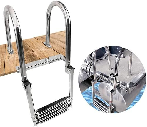 4 Step Pontoon Boat Ladder Stainless Steel Telescoping Rear Entry Inboard Ladder Swim Dock Ladder for Marine Yacht/Swimming Pool with Hand Railing