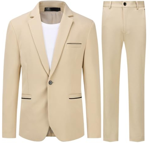 Allthemen Herr 2-delad kostym ledig 1 knapp klänning passar enfärgad snygg bröllopsklänning kostym, Khaki, L