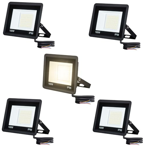 AufuN Lot de 5 spots LED 100 W - Blanc chaud - Super lumineux - Étanche IP65 - En aluminium - Pour jardin, garage, cour ou hôtel