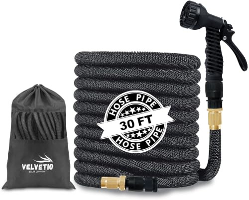 VELVETIO Expandable Strong Garden Hose Pipe 30FT, 7 Function Nozzle Spray Gun with 3/4 1/2 1 Leakproof Connector, 4 Layer Latex Core No Ink Flexible Hose for Outdoor & Car Wash, Black